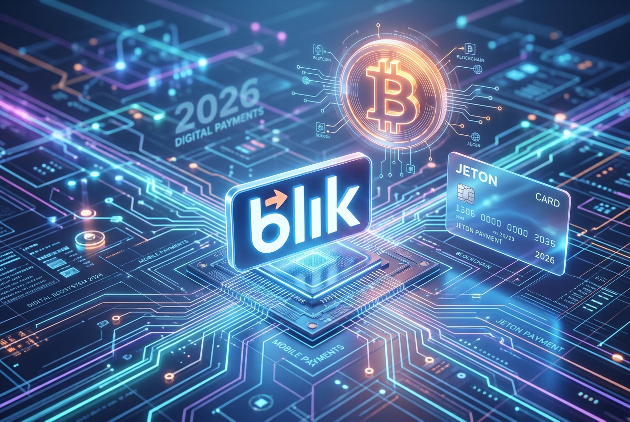 Digital payment methods visualization including BLIK logo, Bitcoin symbol and mobile banking app interaction