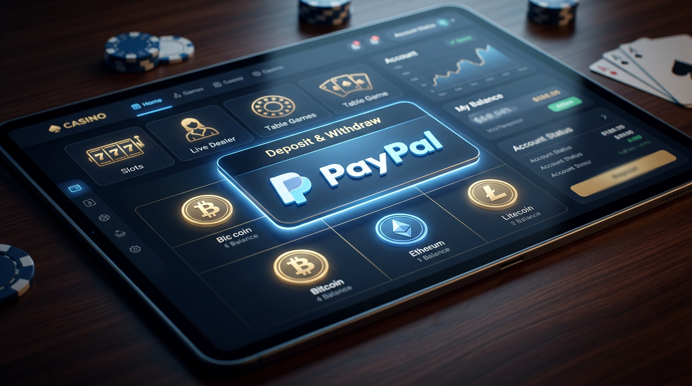 Grafika przedstawiająca logotyp PayPal na tle nowoczesnego interfejsu kasyna online
