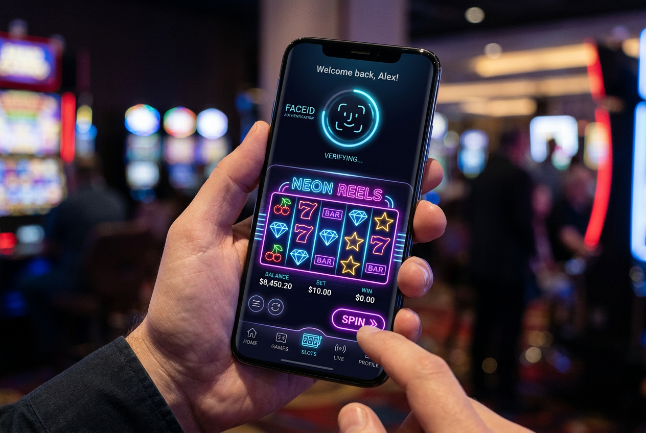 Modern mobile casino interface with biometric authentication and one-hand navigation layout