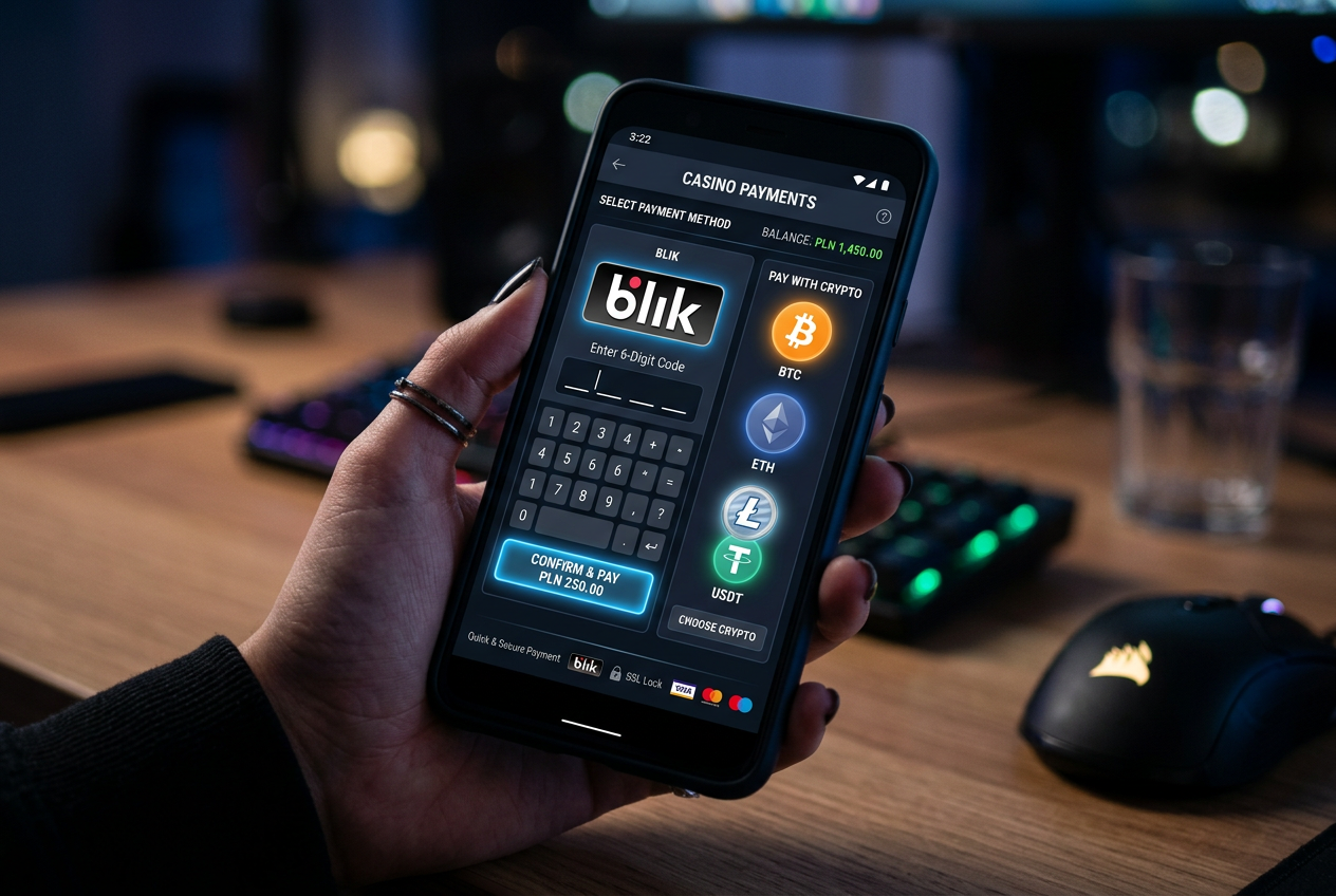 Wizualizacja nowoczesnych metod płatności w kasynie online na smartfonie z logo BLIK i krypto