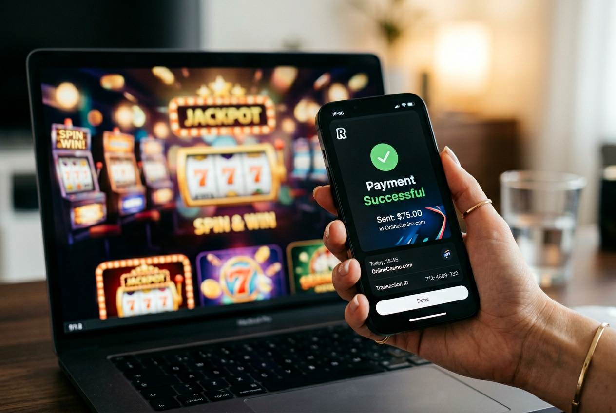 Interfejs aplikacji Revolut z potwierdzeniem transakcji do kasyna online