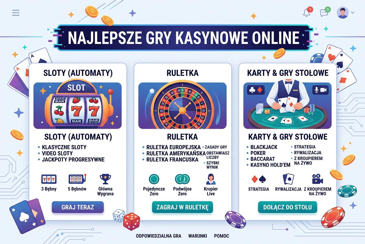 Infografika przedstawiająca rodzaje gier kasynowych online w Polsce
