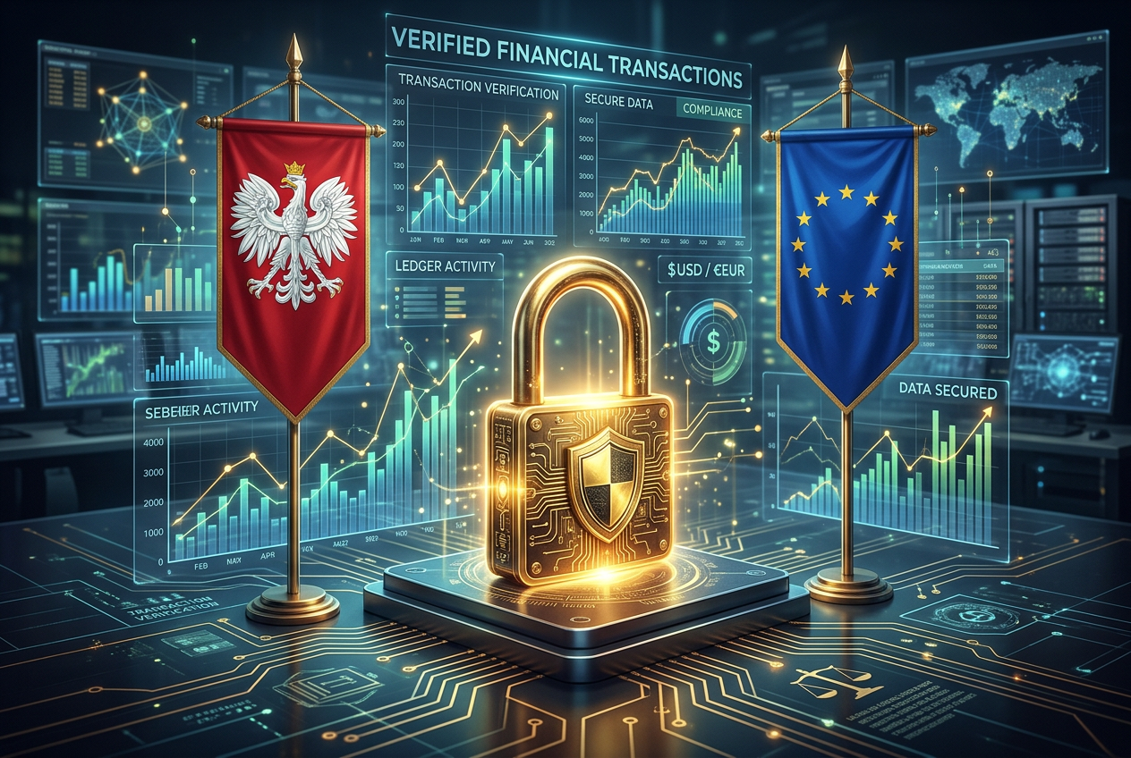 Koncept artystyczny bezpieczeństwa cyfrowego z polskim godłem i flagą UE w tle